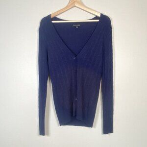 Express Cardigan Y2K Sweater 100% Cashmere Navy Blue Cable Knit Sz L Slim Fit
